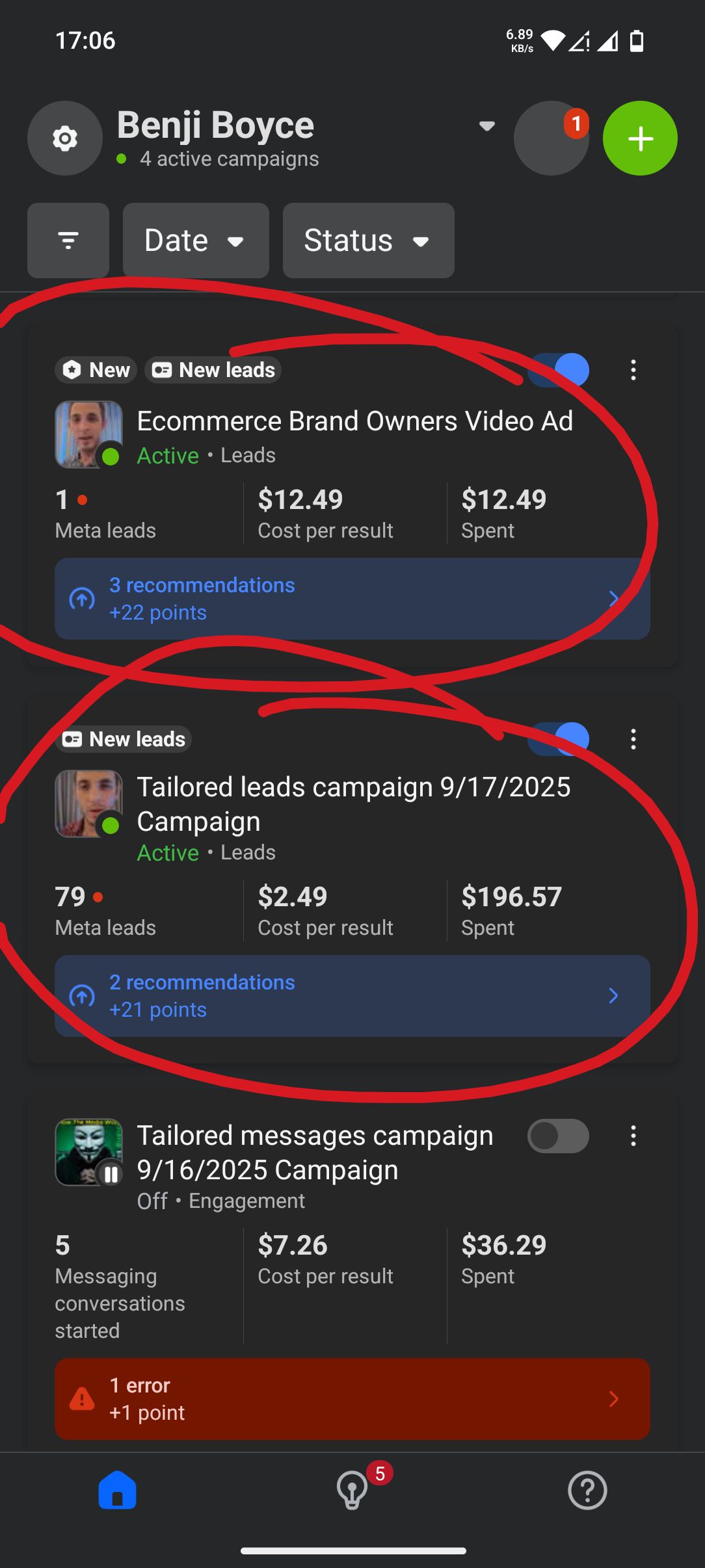 Meta Ads Manager showing four active campaigns